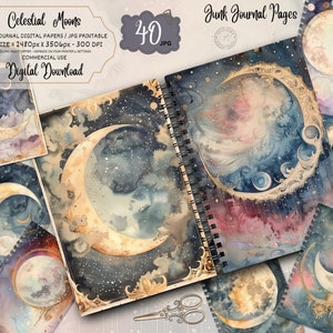 Celestial Moon Junk Journal Pages, Digital Scrapbook Paper Kit, Vintage Night Sky Ephemera, Astronomy Printable, Mystical Star Collage Sheet