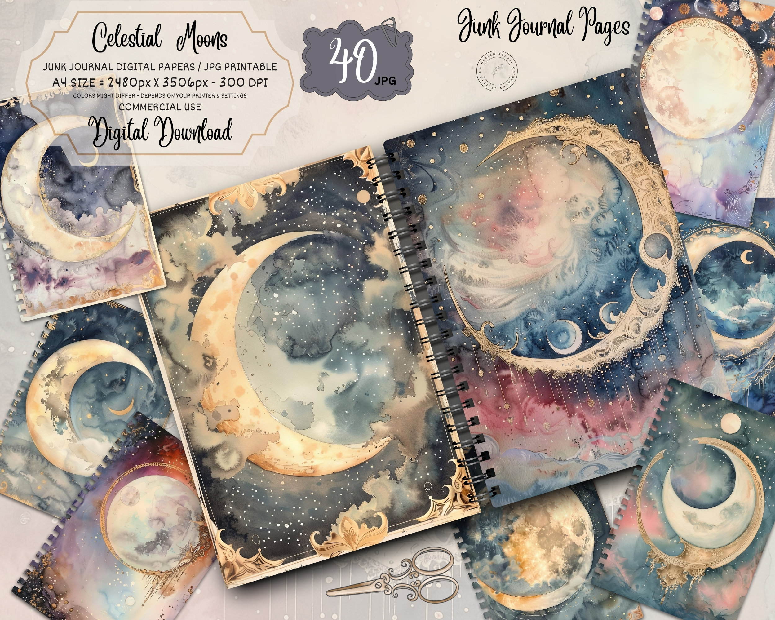 Celestial Moon Vintage Night Sky Printable Junk Journal Kit, Lunar ...