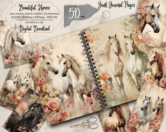 May include: 50 digital papers featuring white horses with floral backgrounds. The papers are perfect for junk journaling, scrapbooking, and other craft projects.  Junk Journal Pages.