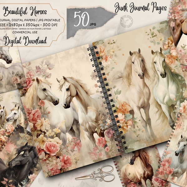 Watercolor Floral Horse Junk Journal Kit Journal Pages, Horses Junk Journal Printable Paper, Digital Collage Sheet, Instant Download