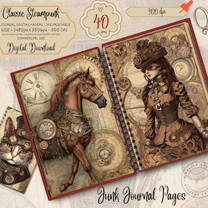 Pagine del diario spazzatura Steampunk, carta industriale digitale, stampabile vittoriano, foglio di collage digitale, kit di album meccanico, effimeri vintage