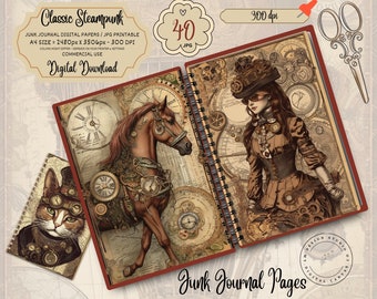 May include: Digital download of "Classic Steampunk" junk journal pages. The image features a steampunk-themed journal with illustrations of a horse, a woman, and a cat, all adorned with gears and clockwork elements. The journal pages have a vintage, aged appearance.