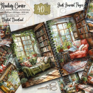 May include: 40 digital papers for junk journals, featuring watercolor illustrations of a cozy reading corner with bookshelves, armchairs, and a couch. The papers are perfect for adding a touch of whimsy and charm to your journals.
