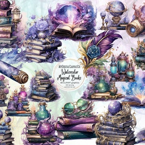 Watercolor Fantasy Books Clipart - galaxy wizard book stacks and shelves PNG format instant download for commercial use