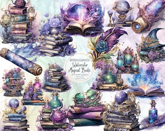 Imágenes prediseñadas PNG de libros de magos en acuarela, pila de libros mágicos de brujas, arte de libros de hechizos de fantasía galáctica, imágenes prediseñadas en acuarela, descarga digital