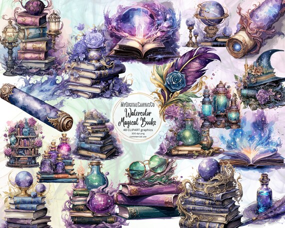 Watercolor Wizard Books Clipart PNG, Magic Book Scroll Witch Stack, Galaxy Fantasy Spell Book Art, Watercolor Clipart, Digital Download