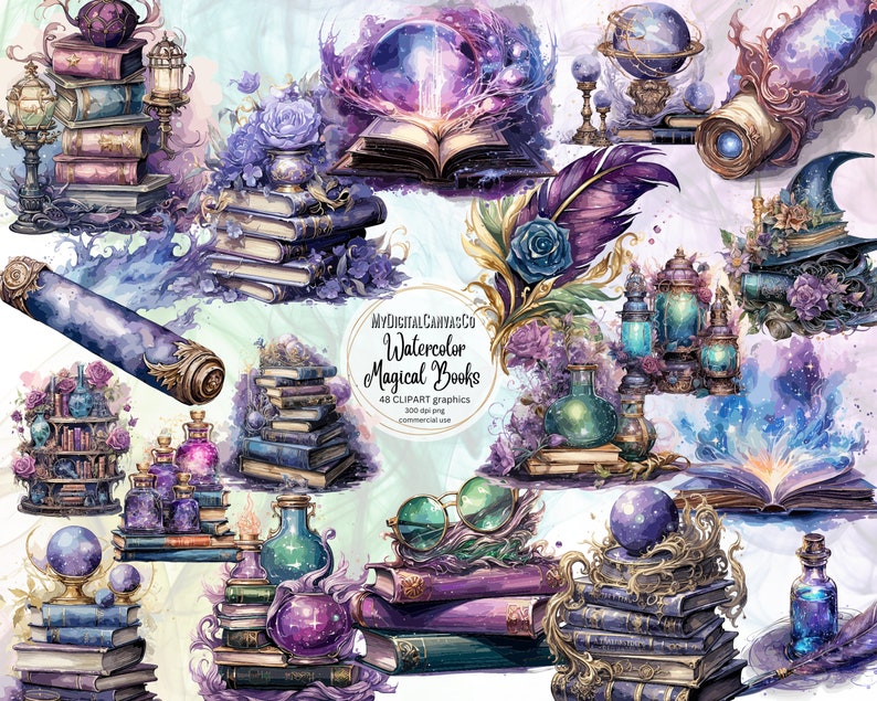 Pode incluir: Conjunto de clipart de aquarela de livros m&aacute;gicos, po&ccedil;&otilde;es e outros objetos m&iacute;sticos. O conjunto inclui uma variedade de livros, po&ccedil;&otilde;es, globos, penas e outros objetos m&aacute;gicos. Os objetos s&atilde;o pintados em um estilo de aquarela e t&ecirc;m um toque m&aacute;gico e caprichoso.