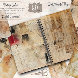 Vintage Ledger Seiten | 60 jpg | druckbares vintage Junk Journal Papier, digitales Collage Blatt, altes Journaling Ephemera, handgeschriebenes Scrapbook