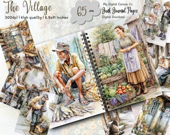 Cottagecore Watercolor Village, Vintage Farmhouse Ephemera, Junk Journal Kit, Country Cottage Scrapbook Pages, Digital Download