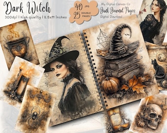 May include: A set of 40 digital junk journal pages featuring a dark witch theme. The pages include images of a witch, a cauldron, candles, a spider, a skull, a pumpkin, books, and a witch's hat. The pages are 8.5 x 11 inches and 300 dpi.