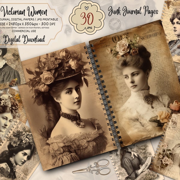 Victorian Women Junk Journal Pages, Digital Ephemera Kit, Antique Scrapbook Paper, Vintage Ladies, Printable Collage Sheet, Old Handwriting