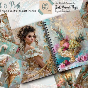 Teal and Pink Victorian Junk Journal Kit, Embellishments, Victorian, Teal, Ephemera, Floral Turquoise, Vintage, Printable, Digital Download