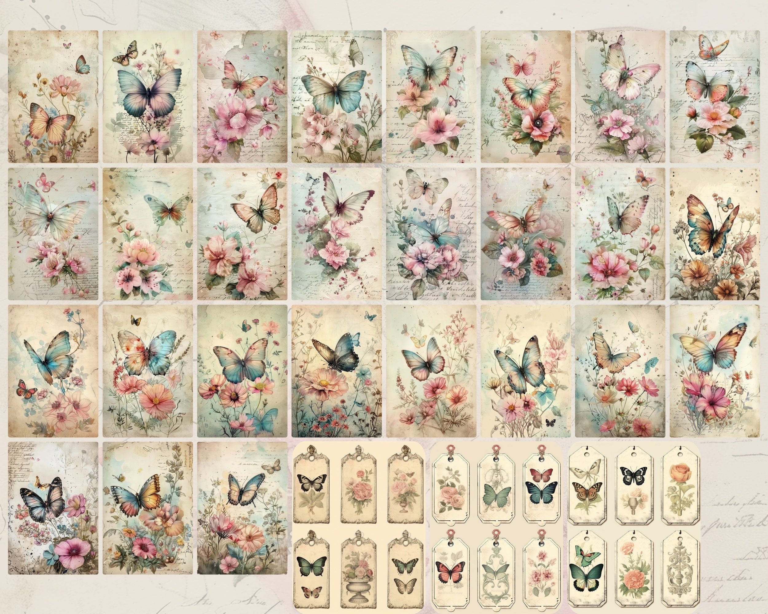 Watercolor Butterfly Fantasy, Vintage Ephemera, Junk Journal Kit ...