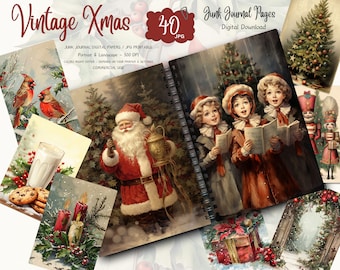 Vintage Christmas, Victorian Santa, Holiday Carols Junk Journal Kit, Printable Ephemera, Christmas Scrapbook Paper, Digital Download