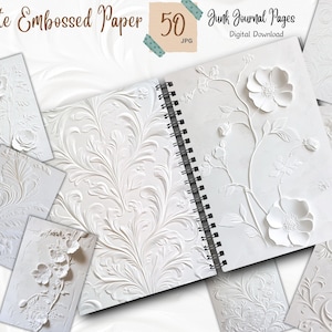 Op de afbeelding: Wit geëmbosseerd papier met bloemen- en wervelende patronen. De afbeelding toont een journal met een spiraalbinding, omringd door afzonderlijke pagina's. De tekst op de afbeelding luidt "White Embossed Paper" en "Junk Journal Pages".