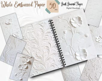 White Embossed Floral Paper, Junk Journal Pages, Elegant Textured Scrapbook Background, Ivory Neutral Collage Sheet, Digital Download