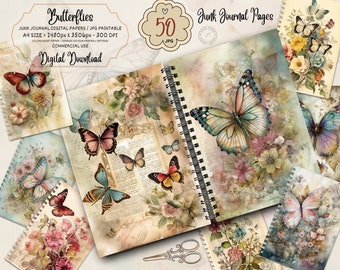 Kit de carnet papillon aquarelle indésirable Pages de journal papillon fantaisie, journal indésirable papier imprimable, feuille de collage numérique, téléchargement immédiat