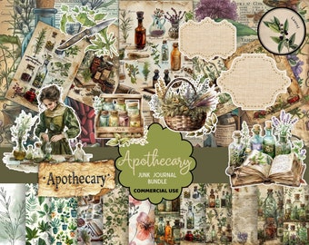 Kit per junk journal a tema farmacia botanica vintage, materiale erboristico dark academia, foglio collage stampabile, download digitale