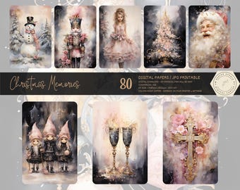 Acuarela navideña vintage, efímeros navideños, kit para diario creativo, páginas festivas para álbum de recortes, hoja de collage imprimible, descarga digital