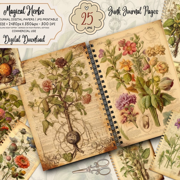 Botanical Herbs Junk Journal Pages, Digital Scrapbook Paper Kit, Herbal Printable, Antique Collage Sheet, Vintage Plant Ephemera, Apothecary