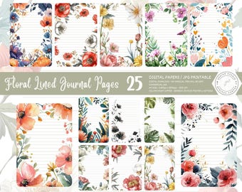 Floral Lined Journal Pages, Vintage Shabby Botanical Writing Paper, Printable Digital Paper Collage Sheet, Digital Download
