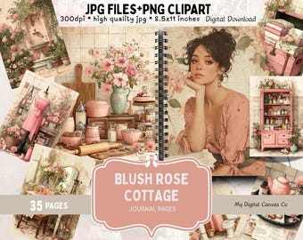 Shabby Chic Cottagecore Floral Junk Journal Kit, Pink Rose Printable Ephemera, Vintage Collage Sheet, Digital Download