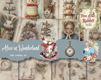Dark Gothic Alice im Wunderland Printable Junk Journal Kit, Curiouser Fairytale Ephemera Collage Scrapbook Seiten, digitaler Download