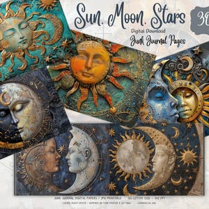 Celestial Sun,Moon Junk Journal Pages, Digital Scrapbook Paper Kit, Vintage Sky Ephemera, Astronomy Printable, Mystical Star Collage Sheet