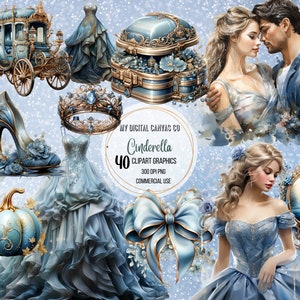 Watercolor Cinderella PNG Clipart Bundle,Party Watercolor Cinderella Illustration, Fairy Tale Princess Design,Glass Slipper,Pumpkin Carriage
