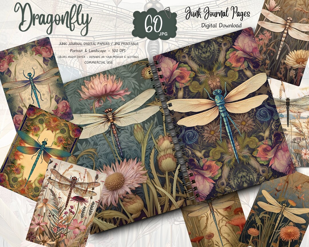 Dragonfly Junk Journal Kit Vintage Printable Papers Digital Download 60 ...