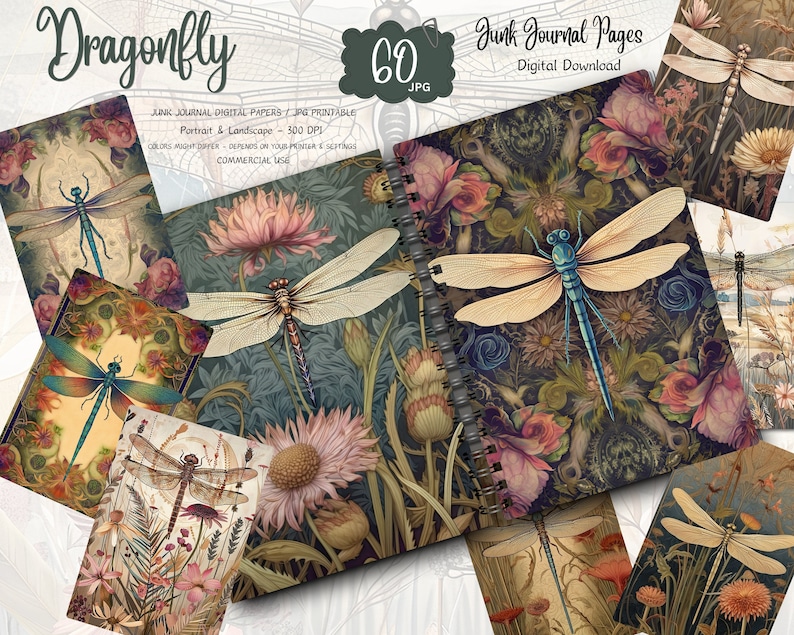 Dragonfly Junk Journal Kit Vintage Printable Papers Digital Download 60 ...