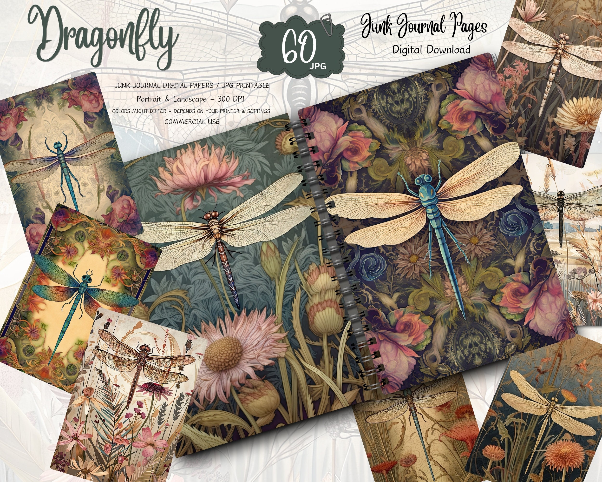 Dragonfly Junk Journal Kit Vintage Printable Papers Digital Download 60 ...