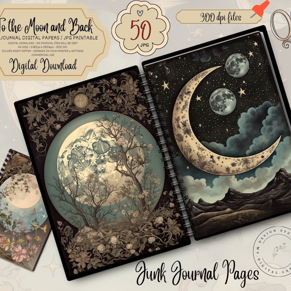 Mystical Star Collage Sheet, Celestial Moon Junk Journal Pages, Digital Scrapbook Paper Kit, Vintage Night Sky Ephemera, Astronomy Printable