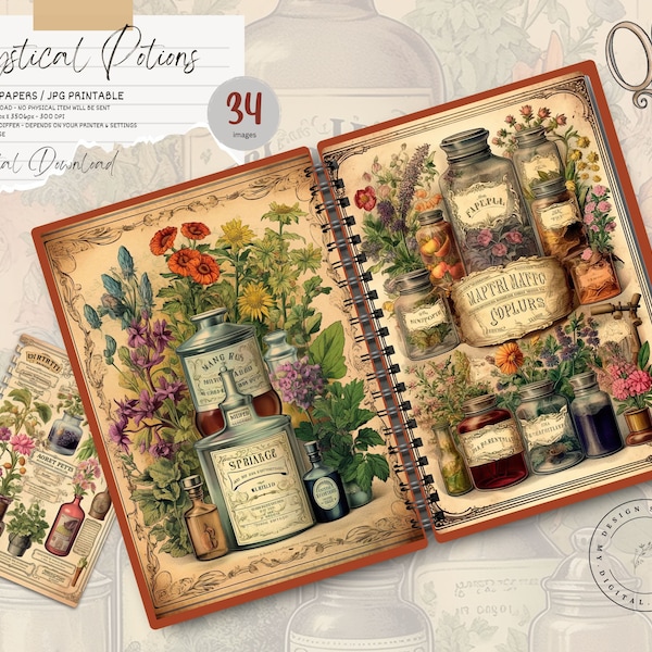 Apothecary Bottles Junk Journal Pages, Digital Scrapbook Paper Kit, Mystic Potion Printable, Alchemy Collage Sheet, Vintage Magical Potions