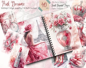 Pink, Rococo, Romantic French Ephemera, Junk Journal Kit, Vintage Paris Scrapbook Paper, Pink Roses, Shabby Chic, Digital Download