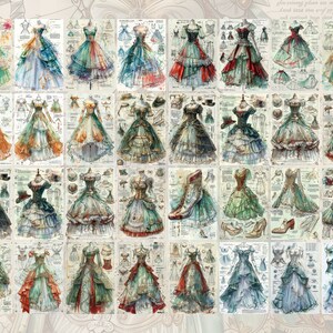 May include: A digital collage of 36 watercolor illustrations of ball gowns. Each gown is a different color and design, with details like lace, ruffles, and bows. The gowns are all on a white background with text around them.