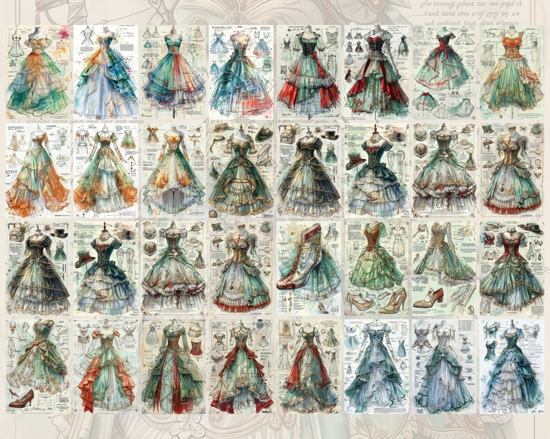May include: A digital collage of 36 watercolor illustrations of ball gowns. Each gown is a different color and design, with details like lace, ruffles, and bows. The gowns are all on a white background with text around them.