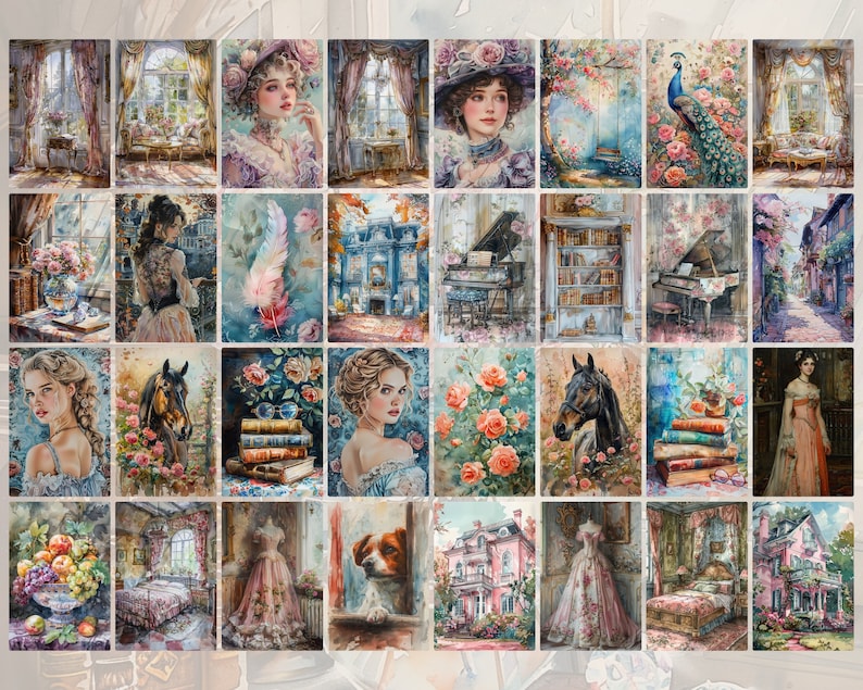 Pu&ograve; includere: Un collage di 20 dipinti ad acquerello con temi diversi, tra cui la natura, gli animali e l'arredamento d'interni. I dipinti sono disposti a griglia e presentano una variet&agrave; di colori e stili.