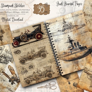 Steampunk Zeichnungen Junk Journal Seiten, digitales Industriepapier, viktorianisches Printable, Collage Sheet, mechanisches Sammelalbum, Vintage Ephemera