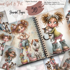 Kit de diario basura de niña linda con mascotas / Imprimibles de niña y mascota de dibujos animados / Efímeras de bocetos kawaii / Páginas de álbum de recortes digitales / Diario caprichoso