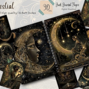Dea celeste, pagine di diario Moon Junk, kit di carta per album digitali, effimeri del cielo vintage, stampabili di astronomia, foglio di collage di stelle mistiche