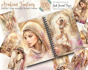 May include: Digital download of 100 Arabian Fantasy junk journal pages. The pages are high quality, 8.5x11 inches, and feature illustrations of women, architecture, and couples. The journal pages are in JPG format.