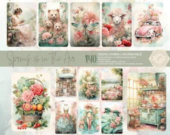 Kit di pagine per junk journal stampabili Cottagecore Spring Watercolor, Butterfly Picnic Garden Ephemera Scrapbook Pages, download digitale