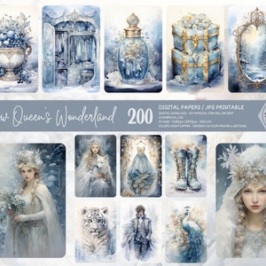 Pacchetto grande, 100 pagine doppie, Snow Queen's Wonderland, carta da giornale riciclata, download digitale, acquerello, tecnica mista, paese delle meraviglie invernale
