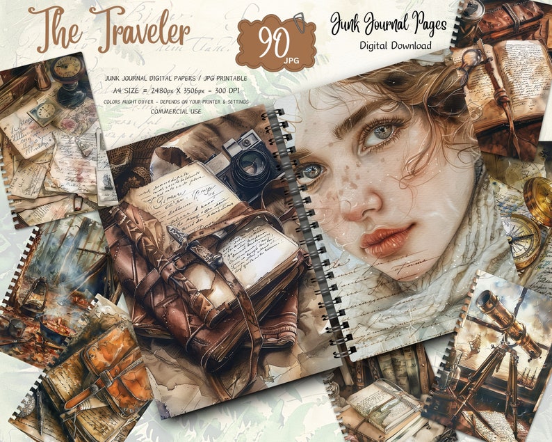 May include: A set of 90 digital junk journal pages in a vintage style. The pages feature a variety of images, including a woman's face, a compass, a telescope, and a leather-bound journal. The pages are perfect for adding a unique touch to your junk journals.