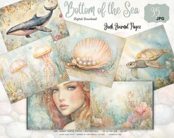 Grillige zeemeermin Under the Sea afdrukbare junk Journal Kit, Ocean Ephemera plakboekpagina's, collage van zeedieren, digitale download