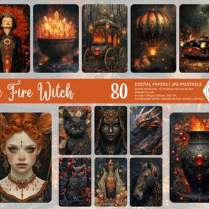May include: A digital paper pack with 80 images featuring a fire witch theme. The images include a woman with red hair and a crown, a cauldron with flames, a carriage, a hot air balloon, a car, a cat, a dragon, a vase, an owl, a bottle, and a horse. The images are in a dark, fantasy style with a copper color palette.