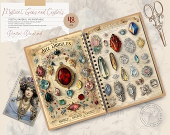 Könnte beinhalten: Ein offenes Buch mit Illustrationen verschiedener Edelsteine und Kristalle. Das Buch trägt den Titel "Mill Lioulles" und "Ghicetsih" mit einer goldenen Spiralbindung. Das Buch liegt auf einem weißen Hintergrund mit einer goldenen Schere.
