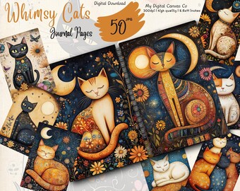 Whimsy Cats Junk Journal Kit, Vintage Feline Ephemera, Boho Cat Collage Sheets, Digital Download