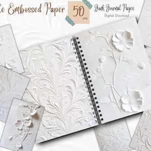 WHITE EMBOSSED Paper for Junk Journals, floral Book, Digital Download Paper, Digital Scrapbook Papers, Printable Journal Ledger Pages